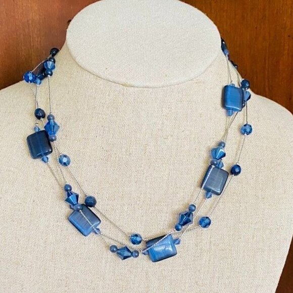 Lia Sophia Cobalt Blue Three Strand Glass Beaded Necklace - Picture 1 of 2